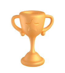 Golden award icon. Shining cup or goblet for winners. Reward and prize for sports or online games. Volumetric badge for UI, apps and social media. 3d vector illustration isolated on white background