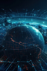Fototapeta premium Internet networks over the planet Earth, neon colors. Vertical illustration. AI generative.