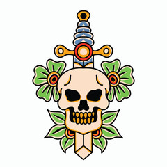 Vector Retro Tattoo Illustration of Skull Head and Sword
