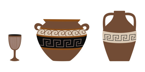 Set of Greek Ceramics with a pattern. Clay antique jug, pot and wineglass. Collection Ancient crockery. Vector illustration