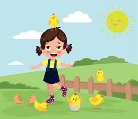 Fototapeta premium Cute little girl playing with chickens on the farm. Vector illustration