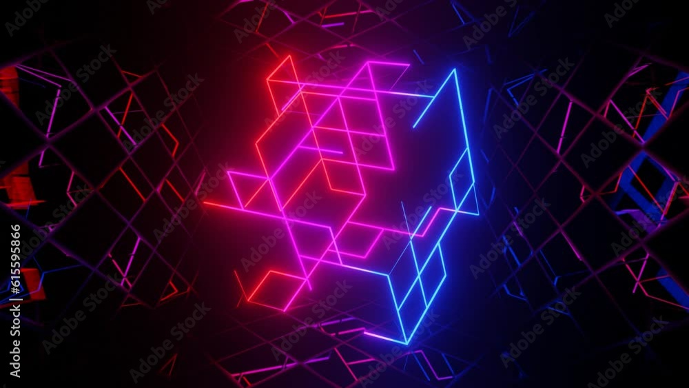 Aufkleber vj loop mirror room with fly neon frame box. abstract festive bg with bright reflection. dark room d