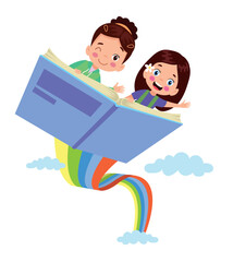 Cute Little Boy and Girl Reading a Book on Cloudy Sky Background Vector Illustration