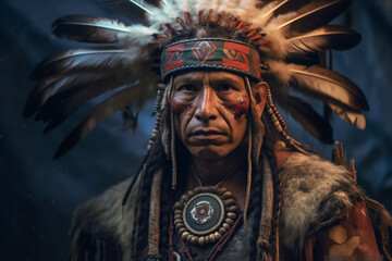 Native American warrior in traditional attire with an engaging atmosphere Generative AI