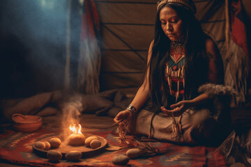 Native American medicine woman conducting a sacred ritual with an engaging atmosphere Generative AI