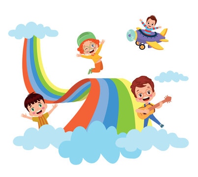 Children playing on rainbow. Vector illustration isolated on a white background.