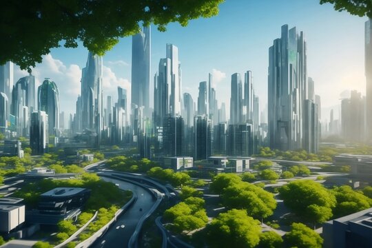 Eine futuristische Stadt mit Park und Flu&szlig;