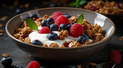 A bowl of creamy Greek yogurt topped with crunchy granola and fresh berries