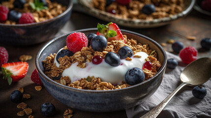 A bowl of creamy Greek yogurt topped with crunchy granola and fresh berries