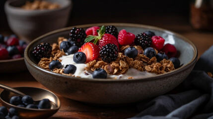 A bowl of creamy Greek yogurt topped with crunchy granola and fresh berries