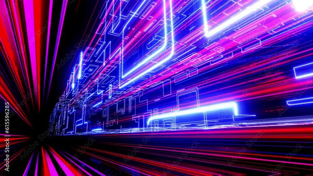 Poster hologram pattern. flight through hi-tech technology tunnel with camera shake. neon light, sci-fi con