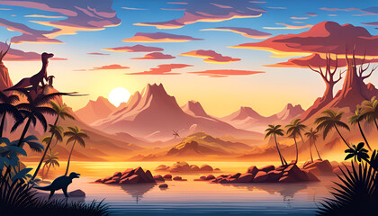Fantasy colorful prehistoric desert landscape with lake and mountain - AI generated - 615596447