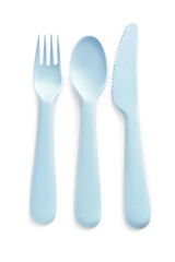 Plastic cutlery for baby on white background