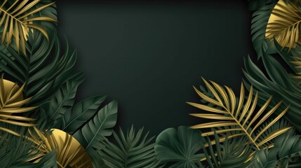 Green and golden luxury background with tropical leaves. Illustration AI Generative.