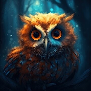 Cute owl with big eyes. Illustration AI Generative.