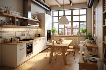 Fototapeta na wymiar Modern kitchen in Scandinavian style. Illustration AI Generative.
