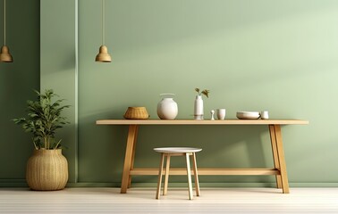 Table on green kitchen. Illustration AI Generative.
