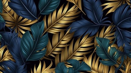 Blue and golden luxury background with tropical leaves. Illustration AI Generative.
