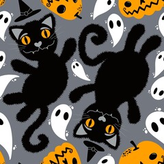 Halloween cartoon black cats seamless animals fluffy monsters pattern for wrapping paper and fabrics and linens