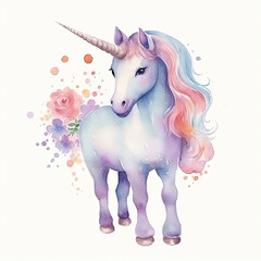 Naklejka na ściany i meble Cute watercolor unicorn. Illustration AI Generative.