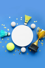 Blank card with gold cup, balls and confetti on blue background