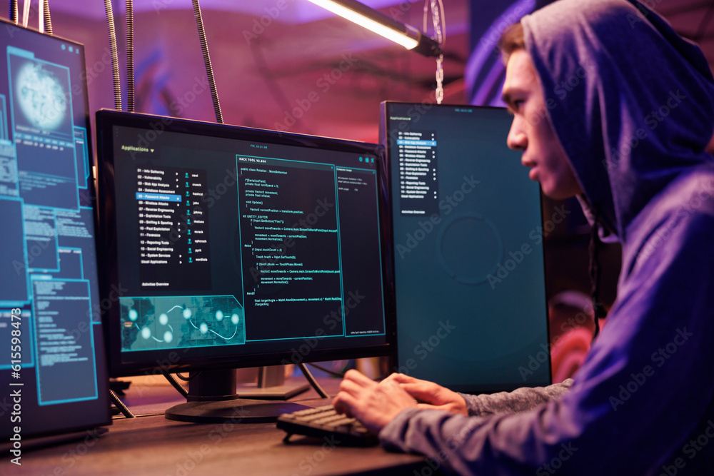 Poster asian hacker using ransomware to attack server and cracking password. internet scammer in hood plann