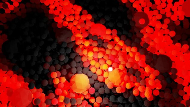 Bulbs start to glow forming pattern like abstract garland. Red orange waves runs across balls like in christmas garland, 3d abstract looped background with lot of gray spheres lay on plane.