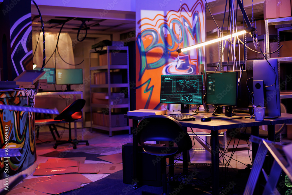 Poster spyware on computer screen for cyberespionage in dark abandoned warehouse. malicious software on mon