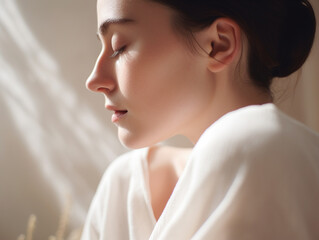  Woman in bathrobe, self-care and tranquility.