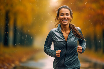 Happy runner jogging on a park on an autumn day - obrazy, fototapety, plakaty
