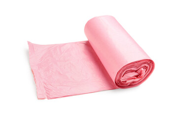 Pink roll of garbage bag isolated on white background