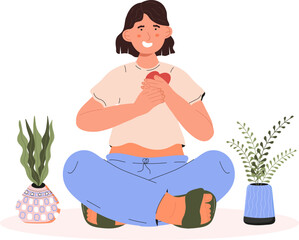 Woman holds her hands on her chest, sign of cordiality, love, gratitudeEmotions of happiness, body language. Girl shows positive gestures.