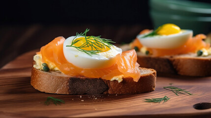 Crunchy toast with eggs and salmon