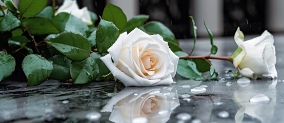 Beautiful white flowers, roses, over marble background. Bouquet of flowers at cemetery , funeral concept. - 615599032