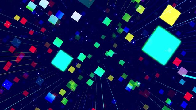Motion graphic, camera fly throungh abstract art space, multilayer structure with pattern and particles. Glow rectangles, streaks and lines. Rainbow gradient color. Motion design vj loop. 3d structure