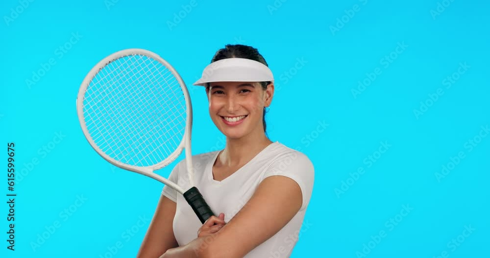 Sticker Face, tennis and happy woman with arms crossed in studio isolated on a blue background mockup. Portrait, racket sports and confident athlete from Brazil ready to start exercise, training or fitness.