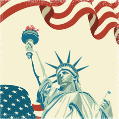 Vector design with retro style american flag and statue of liberty theme.	