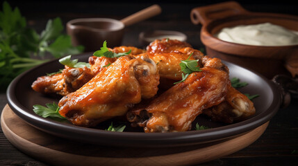 A plate of savory chicken wings, perfectly seasoned and served with a creamy dipping sauce