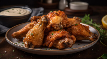 Fototapeta premium A plate of savory chicken wings, perfectly seasoned and served with a creamy dipping sauce