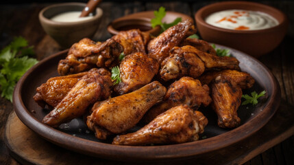 Fototapeta premium A plate of savory chicken wings, perfectly seasoned and served with a creamy dipping sauce