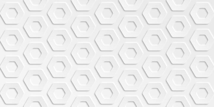 Neomorph white concave hexagons background for graphic design with technological theme. Can be used for covers, banners, presentations, UI design
