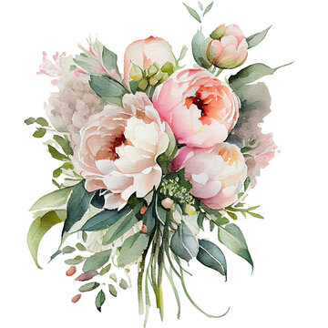 Watercolor Wedding Flower compositions, Peony PNG clipart. Digital flowers bouquet , perfect for wedding invitations, AI generation