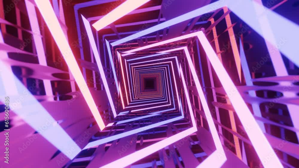 Poster 4k seamless looped animation. fly through mirror tunnel with neon pattern, glow lines form sci fi pa