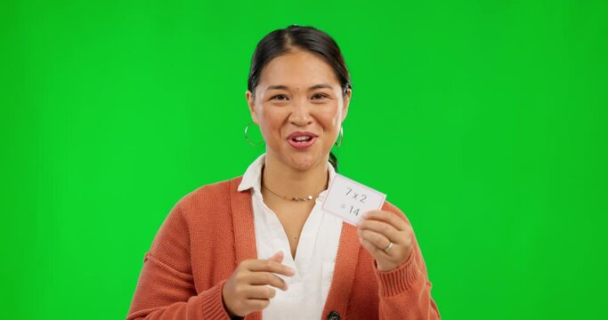 School, learning and teacher on green screen with math, numbers and calculate on paper, poster or education of children. Person, teaching or equation or problem solving, multiply or studio background
