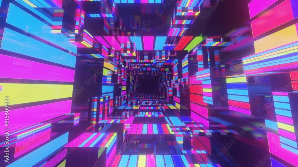 Poster multicolor tunnel. fly through mirror tunnel with neon pattern, glow lines form sci fi pattern. brig