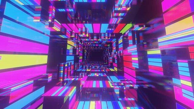 multicolor tunnel. Fly through mirror tunnel with neon pattern, glow lines form sci fi pattern. Bright reflection neon light. Simple bright background, sci fi structure. 4k seamless looped animation.