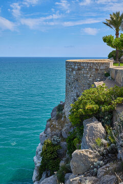View of the Mediterranean Sea from the garden in the medieval castle of Peniscula.