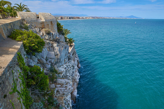 View of the Mediterranean Sea from the garden in the medieval castle of Peniscula.