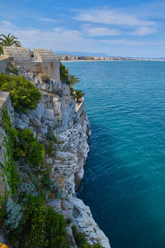 View of the Mediterranean Sea from the garden in the medieval castle of Peniscula.