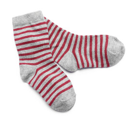Pair of cotton striped socks on white background